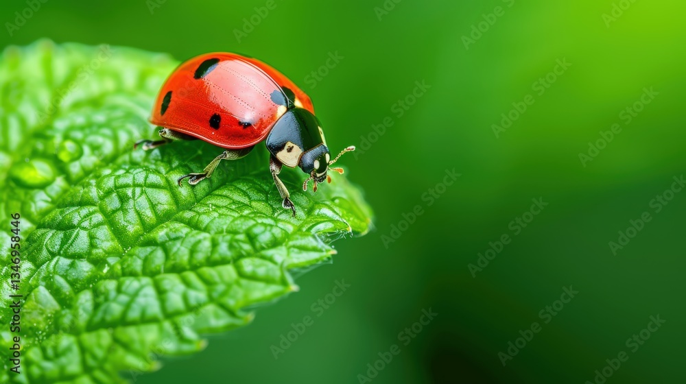 Fototapeta premium Close-up of a red ladybug on a green leaf