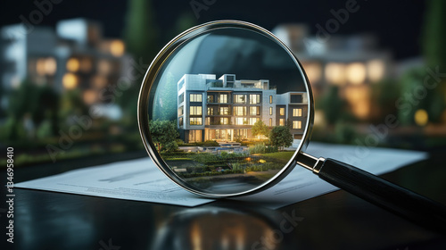 magnifying glass zooms in on real estate contract with modern building