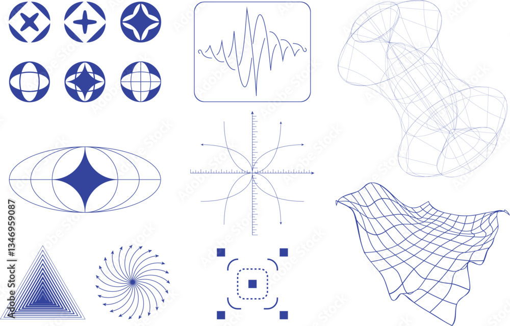 Fototapeta premium Set of various mathematical and geometric diagrams, including abstract waveforms and symmetrical patterns in blue color. Science. Modern aesthetics, minimalist art. Vector design , poster, ad.