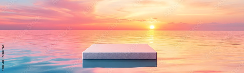 A podium resting on a still ocean, reflecting the hues of a mesmerizing sunset.