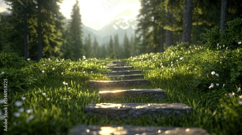 Fototapeta Naklejka Na Ścianę i Meble -  A Breathtaking Nature Trail Featu a Stone Staircase Ascending Through a Lush Green Meadow Vibrant with Colorful Wildflowers in Full Bloom