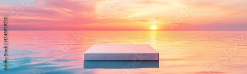 Obraz na płótnie A podium resting on a still ocean, reflecting the hues of a mesmerizing sunset. w salonie