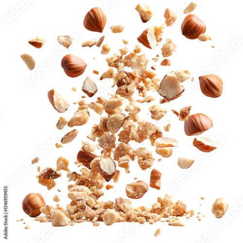 Hazelnuts and hazelnut pieces exploding mid-air against black background.