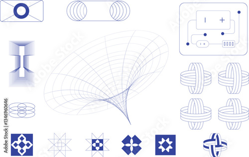 Futuristic wireframe models of abstract forms resembling wormholes and interconnected rings, illustrating concepts of space-time. Science, minimalist art. Vector design, illustration.