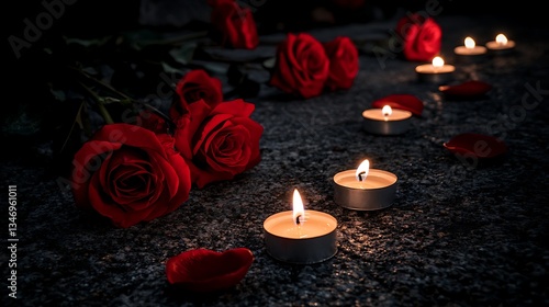 Romantic Setting with Red Roses and Candle Lights for Intimate Moment