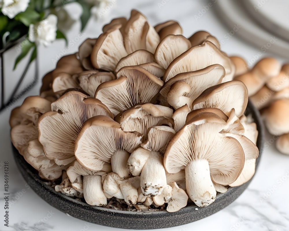 Closeup of Fresh Brown Oyster Mushrooms in Bowl Closeup of Fresh Brown Oyster Mushrooms in Bowl