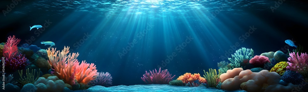 An underwater coral podium glowing with bioluminescent light in a deep-sea setting.