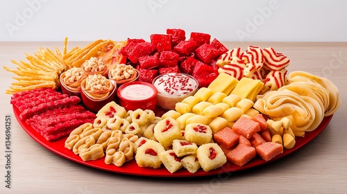 Colorful Array of Snack Foods on a Bright Red Platter