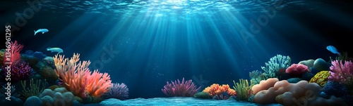 Obraz na płótnie An underwater coral podium glowing with bioluminescent light in a deep-sea setting. w salonie