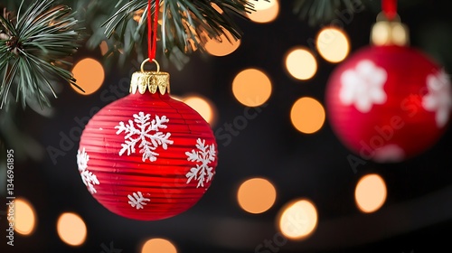 Red Christmas Ornament with Snowflakes and Blurry Lights Background