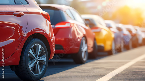 Automobile Parade: A vibrant parade of automobiles, meticulously aligned in a row, showcases a diverse spectrum of colors and designs, creating a visual spectacle of modern transportation. 