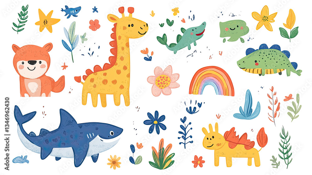 Obraz premium PNG cute animal illustration with giraffe, bear, shark, and rainbow, colorful hand drawn playful elements for children's designs