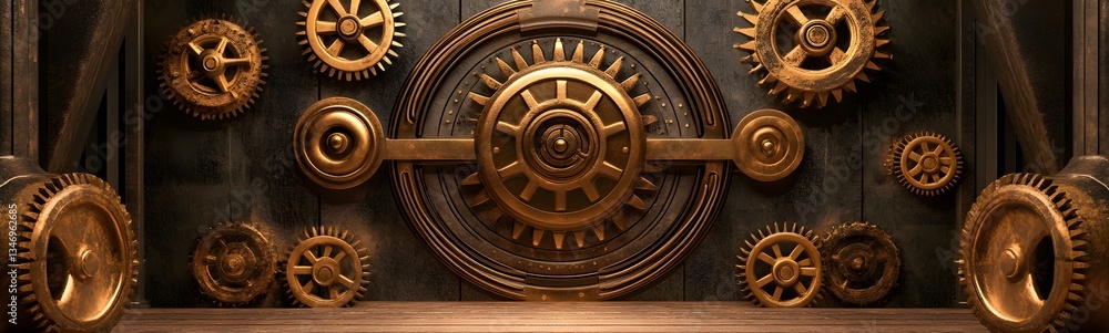 A steampunk-inspired podium made of brass, gears, and steam vents, set in an industrial world.