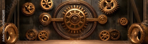 Obraz na płótnie A steampunk-inspired podium made of brass, gears, and steam vents, set in an industrial world. w salonie