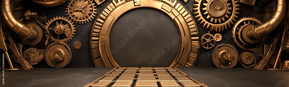 A steampunk-inspired podium made of brass, gears, and steam vents, set in an industrial world.