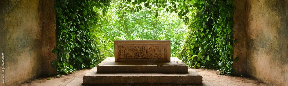 A podium hidden within the ruins of an ancient jungle temple, covered in vines.