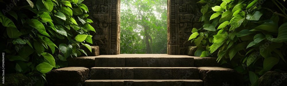 A podium hidden within the ruins of an ancient jungle temple, covered in vines.