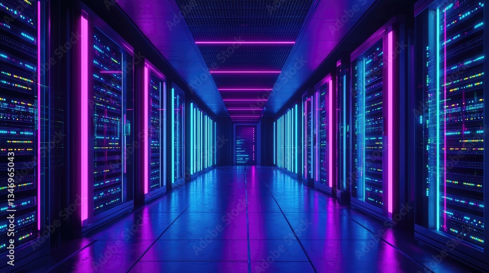 Fototapeta premium A futuristic data center with neon lighting and glowing servers creates a high-tech ambiance, ideal for cybersecurity, cloud computing, and digital infrastructure themes