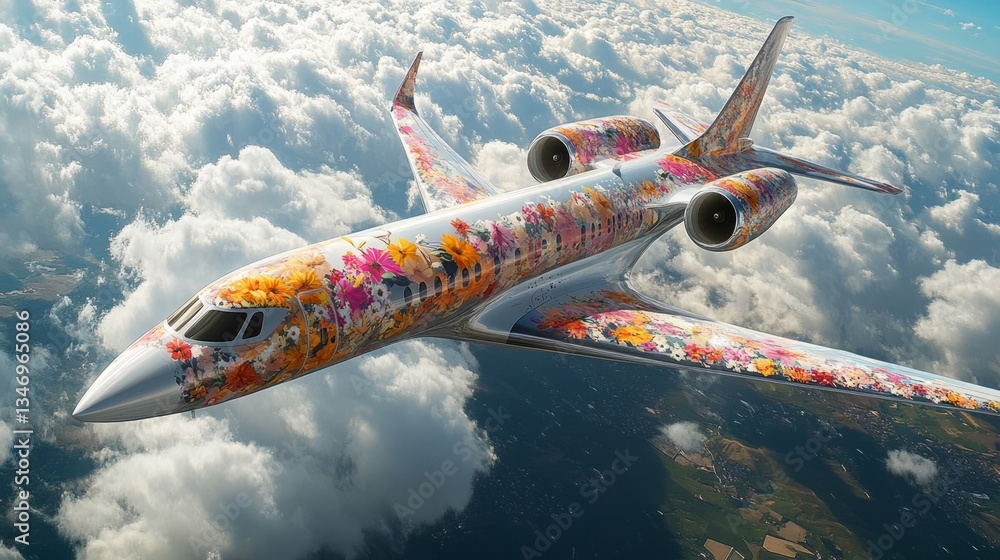 Naklejka premium A sleek modern plane adorned with a colorful array of wildflowers, gliding effortlessly in the sky 