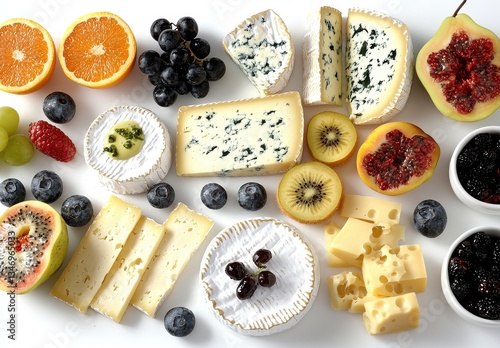 Variety of Cheeses and Fruits on White Background