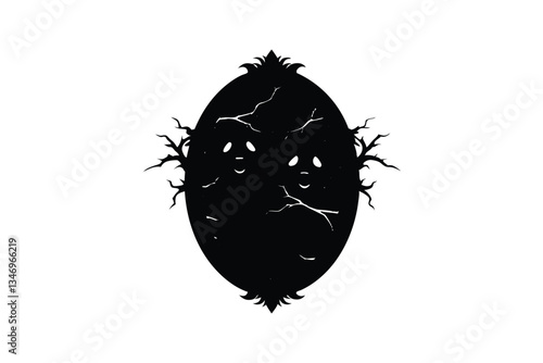 Silhouette art illustration of a haunted mirror with ghostly faces appearing in its cracked reflection.eps