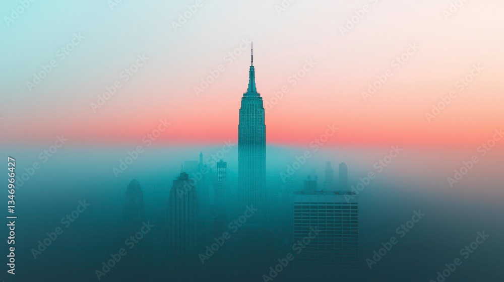 Fototapeta premium Surrealist Manhattan skyline, distorted with abstract strips and set against a pink sky, creating a unique and imaginative version of the iconic city , Minimalism Clean and clear background color,