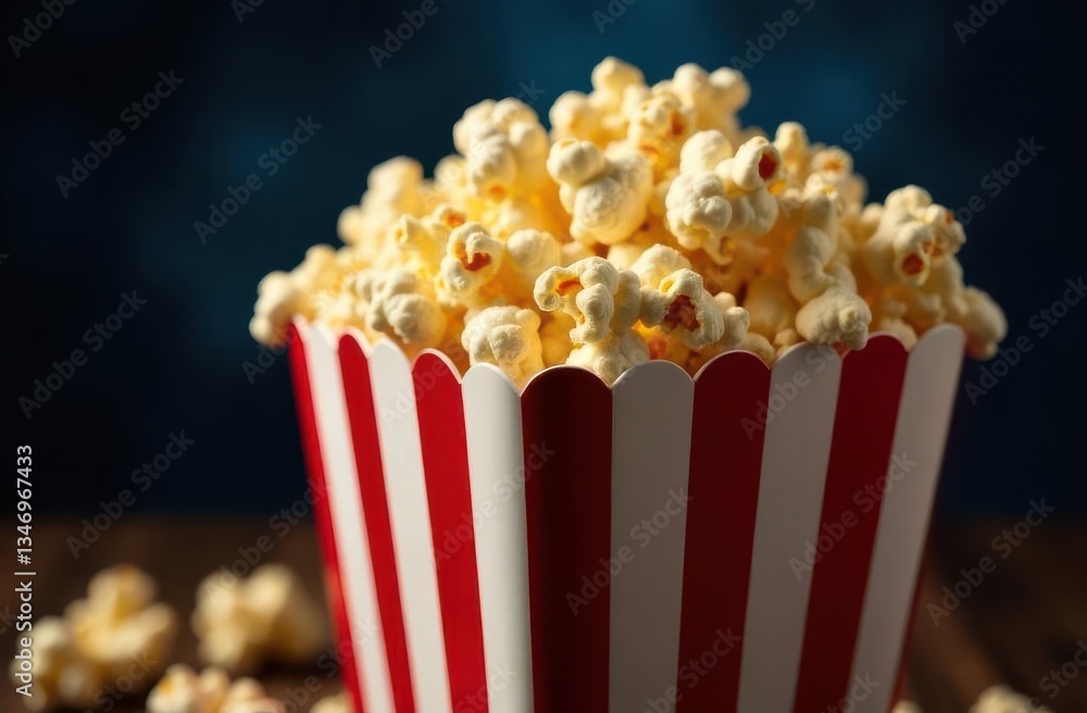 Freshly popped popcorn fills a classic red and white striped container with some kernels scattered on a wooden surface. Perfect snack for an evening of entertainment. Freshly popped popcorn fills a classic red and white striped container with some kernels scattered on a wooden surface. Perfect snack for an evening of entertainment.