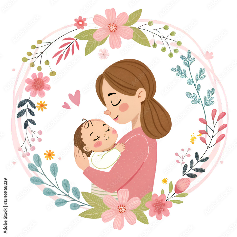 Gentle Mother Holding Baby in a Floral Frame Mothers Day PNG Gentle Mother Holding Baby in a Floral Frame Mothers Day PNG