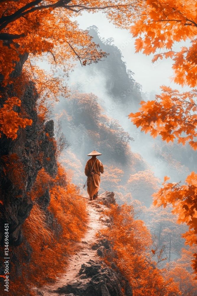 Fototapeta premium Monk walks path through colorful autumn landscape.