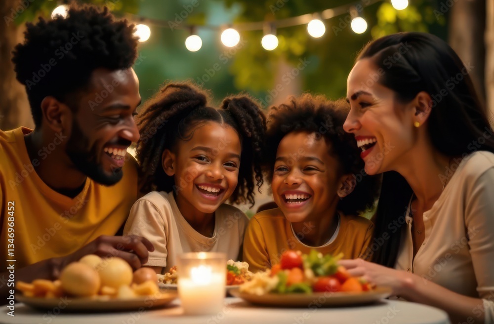 A joyful family gathers at a table outdoors sharing a meal. Two children laugh heartily while an adult couple smiles. Soft glowing lights add warmth to the evening atmosphere. A joyful family gathers at a table outdoors sharing a meal. Two children laugh heartily while an adult couple smiles. Soft glowing lights add warmth to the evening atmosphere.