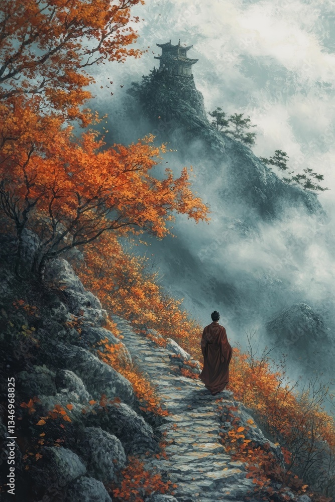 Fototapeta premium Monk ascends misty mountain path temple above.