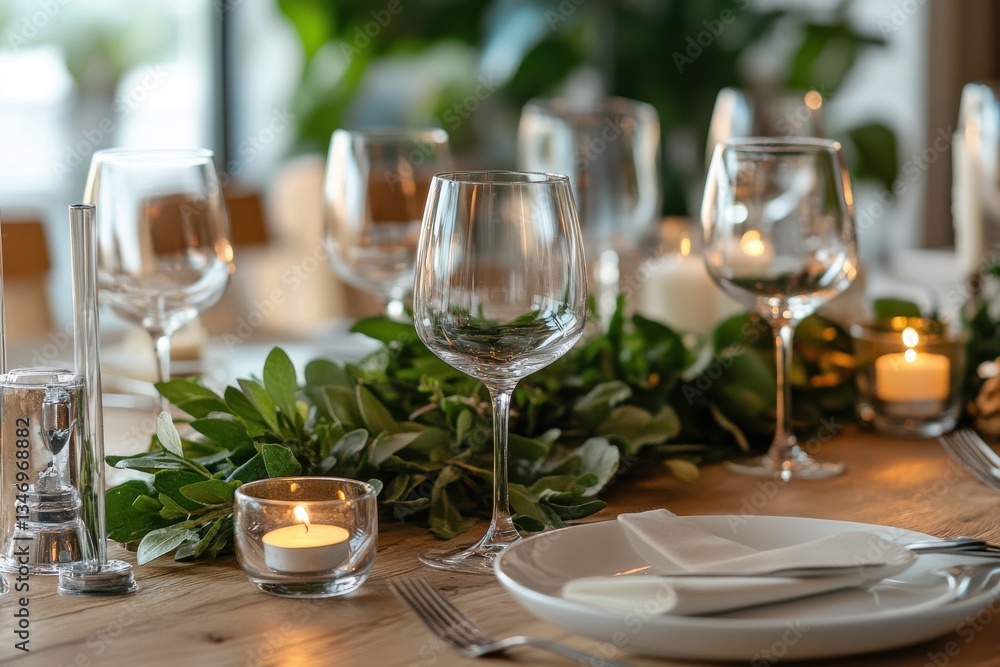 A romantic dinner table with wine glasses A romantic dinner table with wine glasses
