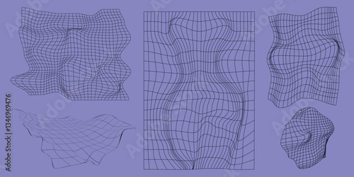 Vector design. Dynamic mesh patterns, wave-like distortions, and fluid deformations in deep blue on soft purple background, visualizing fluid motion. Science. Modern aesthetics, minimalist art.