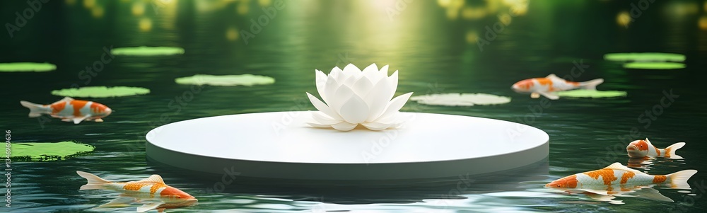 A lotus-shaped podium floating on a tranquil lake, surrounded by koi fish.