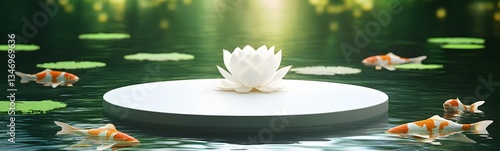 Obraz na płótnie A lotus-shaped podium floating on a tranquil lake, surrounded by koi fish. w salonie