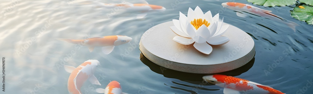 A lotus-shaped podium floating on a tranquil lake, surrounded by koi fish.
