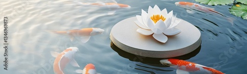 Obraz na płótnie A lotus-shaped podium floating on a tranquil lake, surrounded by koi fish. w salonie