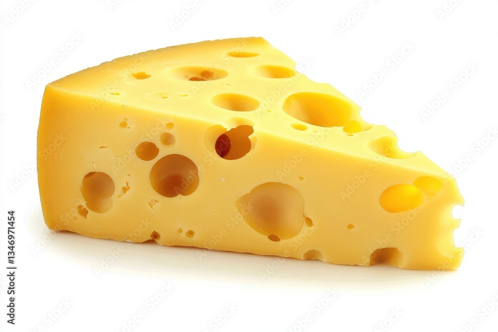 Close Up of a Triangular Slice of Yellow Swiss Cheese with Visible Holes on White Background Close Up of a Triangular Slice of Yellow Swiss Cheese with Visible Holes on White Background