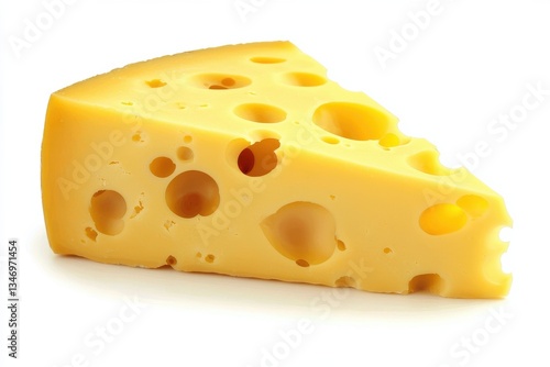 Close Up of a Triangular Slice of Yellow Swiss Cheese with Visible Holes on White Background