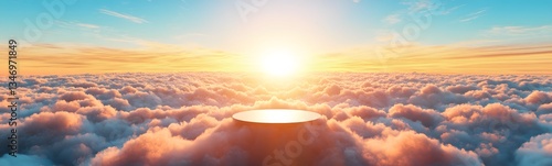 A podium made of soft clouds, floating above the earth with a view of the horizon.