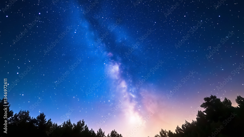 Fototapeta premium a breathtaking view of the milky way stretching across a deep blue sky, with silhouetted trees lining the horizon.