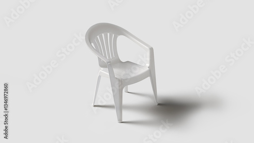 Basic white plastic chair in white setting, left view