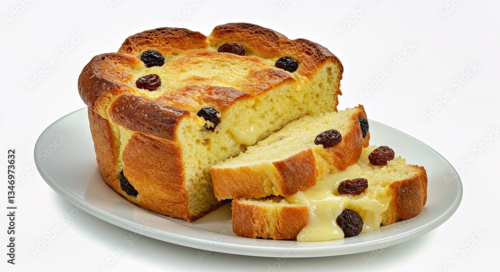 Show Bread and Butter Pudding Arranged in a Dish on a Pure White Background- Show Bread and Butter Pudding Arranged in a Dish on a Pure White Background-