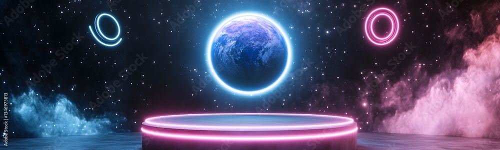 A levitating podium with anti-gravity energy, surrounded by floating neon rings.