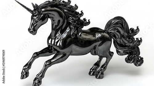 Majestic Black Unicorn Sculpture in an Elegant Running Pose with Shiny Finish on White Background