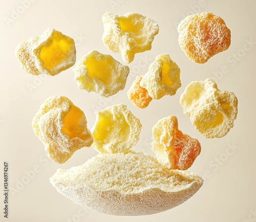 Floating Popcorn Kernels and Powder on a Beige Background