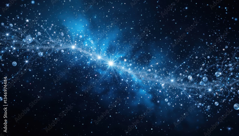 Naklejka premium Cosmic Action: Shimmering Silver Confetti in Deep Blue Starry Sky, Abstract Background, Space Environment, Artistic Viewpoint