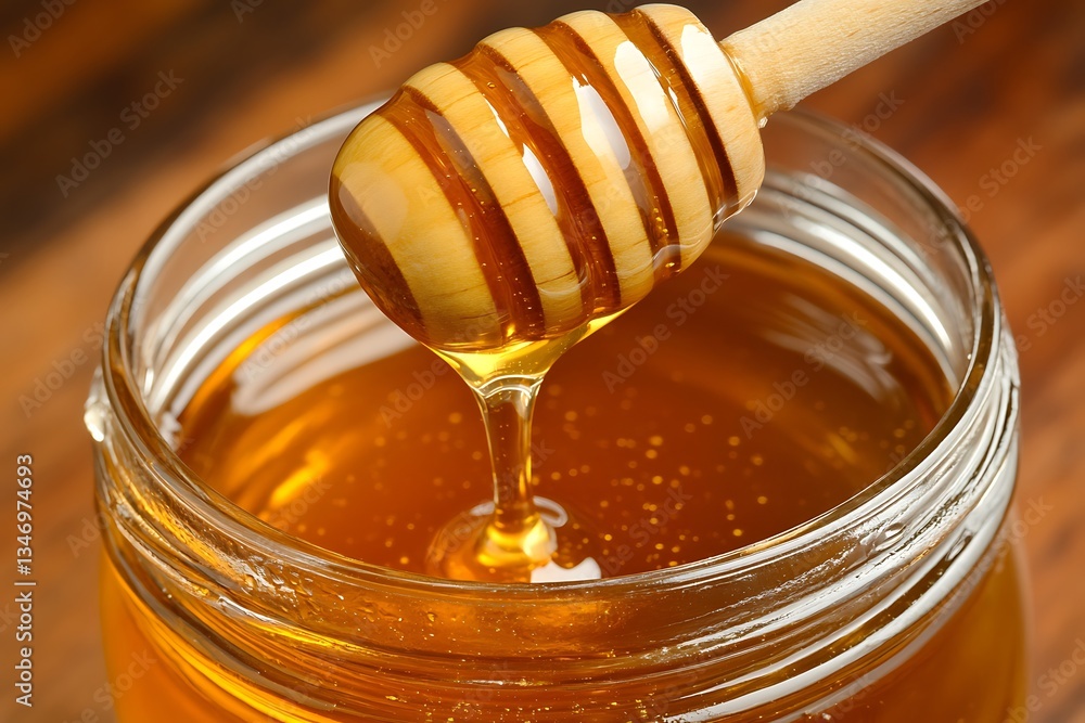Honey dripping from dipper in a jar, wooden table Honey dripping from dipper in a jar, wooden table