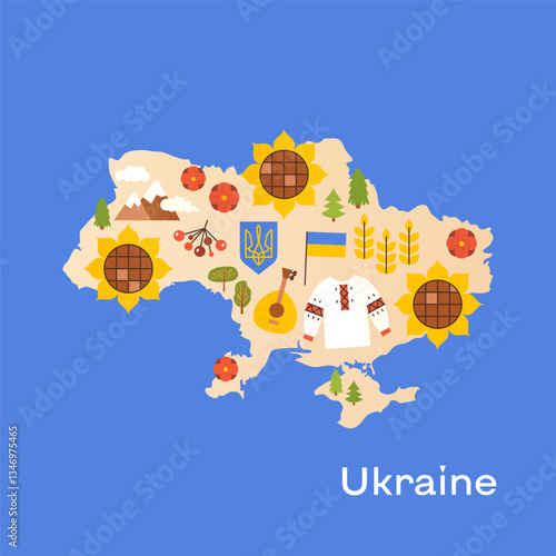 Ukraine Map Symbols Concept. Illustration of Ukrainian National Europe Country Objects.