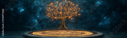 Obraz na płótnie A tree-shaped podium covered in glowing ancient runes, set in a fantasy world. w salonie